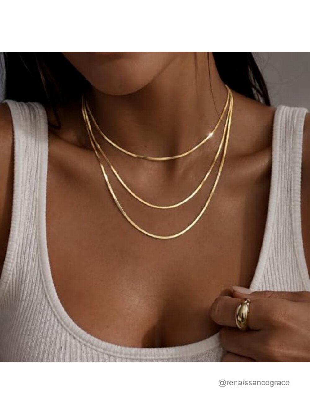 14K Gold Plated Herringbone Necklace for Women, Stainless Steel, Non Tarnish